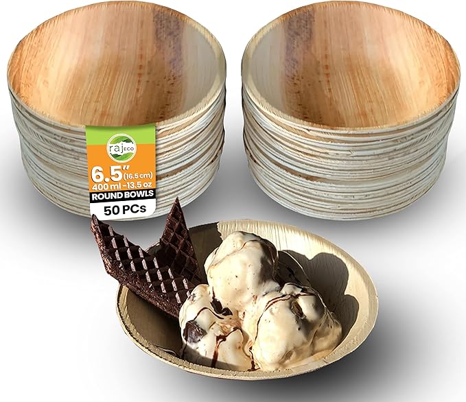 Raj Disposable Palm Leaf Bowls (50 Count, 6.5" Bowl) Strong Bowls Like Bamboo Party Bowl - Decorative Compostable Tableware for Lunch, Dinner, Birthday, Outdoor, BBQ, Picnic, Parties