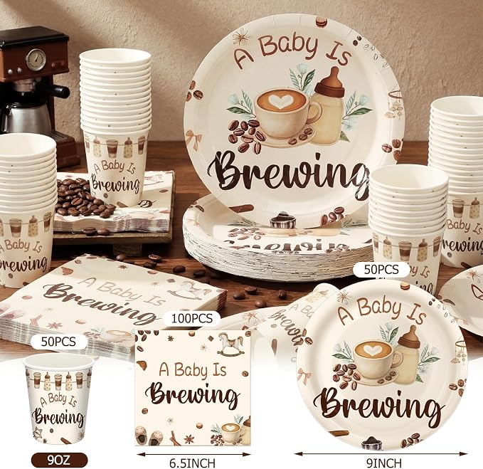 Hushee 200 Pcs a Baby Is Brewing Baby Shower Paper Plates Cups Napkins Coffee Party Supplies Tableware Set Decorative Disposable Cup Napkin for 50 Guest Party Decoration