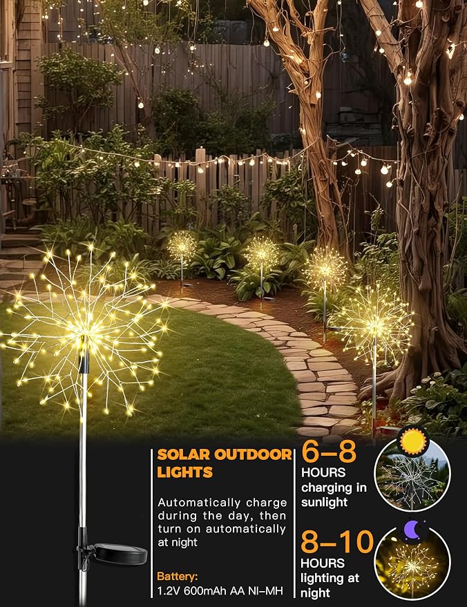suddus Solar Garden Lights Outdoor Waterproof Decorative, 4Pack 150LED Firework Lights, Solar Fairy Lights for Yard, Garden, Patio, Pathway, Flowerbed, Party, Wedding Outside Decor- Warm White