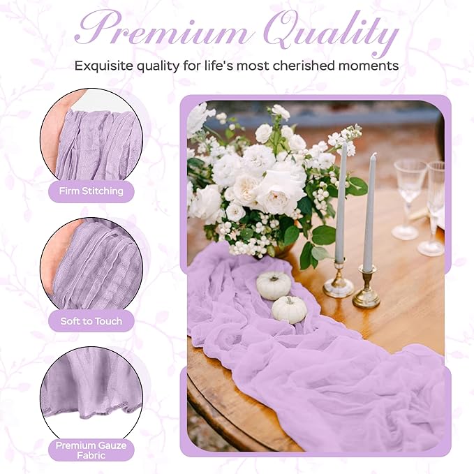Cheesecloth Table Runner 6 Pack – 35x120 Inch (10ft) Boho Rustic Gauze Cloth Runners – Crinkle Polyester Table Decor for Wedding, Baby Shower, Bridal Shower, Birthday Party and More (Lilac Purple)