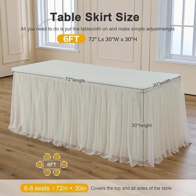 familus 6ft Ivory Spandex Fitted Tablecloth with Tulle Table Skirt - 2-in-1 Structured Tutu Table Cover for Weddings, Trade Shows, Banquets & Professional Events