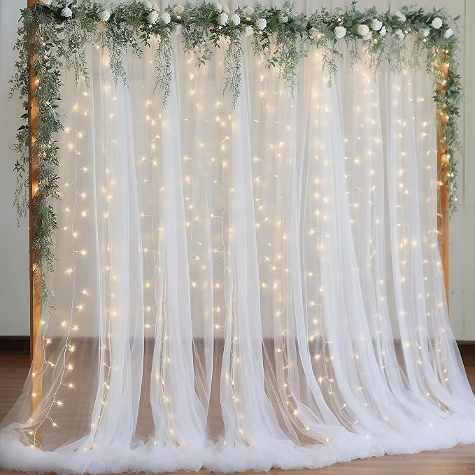 10x8ft White Tulle Backdrop Curtain with Lights String for Parites, Sheer Backdrop Curtains for Wedding Baby Shower Birthday Party Photo Shoot Decorations