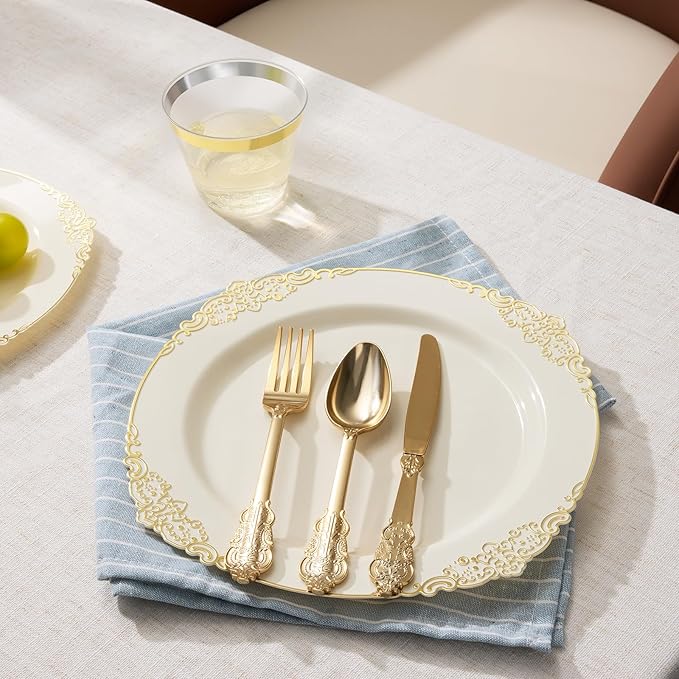 Goodluck 250 PCS Vintage Ivory & Gold Rim Plastic Plates with Cutlery Set - Serves 50 - Heavy Duty Elegant Disposable Dinnerware for Rustic Wedding, Boho Party, Tea Party