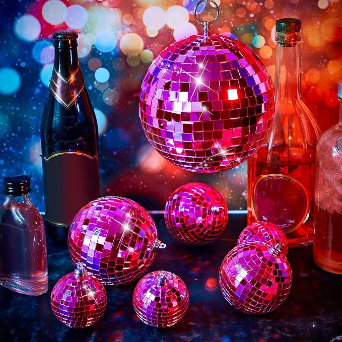 WILLBOND 12 Pack Disco Ball Party Decorations Hanging Mirror Balls Fun Retro Dj Lighting Effect Stage Props Game Accessories, 5.91", 3.94", 3.15", 2.36"(Pink)