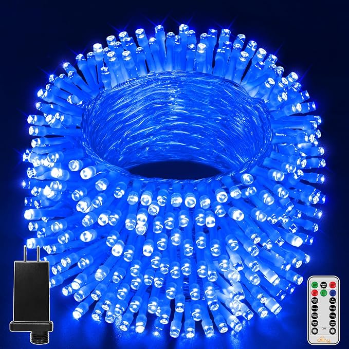 Ollny Blue Christmas Lights Waterproof, 400LED 131FT String Lights with Remote 3 Timer, Plug in 8 Modes Fairy Light for House Xmas Tree Bedroom Indoor Outside Decorations