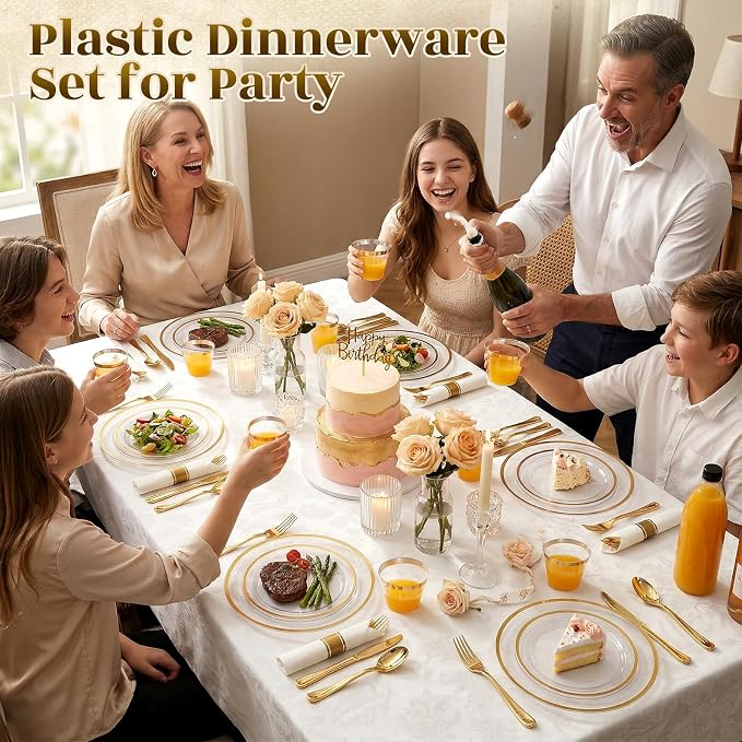 175pcs Plastic Dinnerware Set Clear & Gold | Disposable Plastic Plates for 25 Guests Include 50 Plastic Plates,25 Cups & 25 Pre Rolled Napkins with Cutlery Set for Party