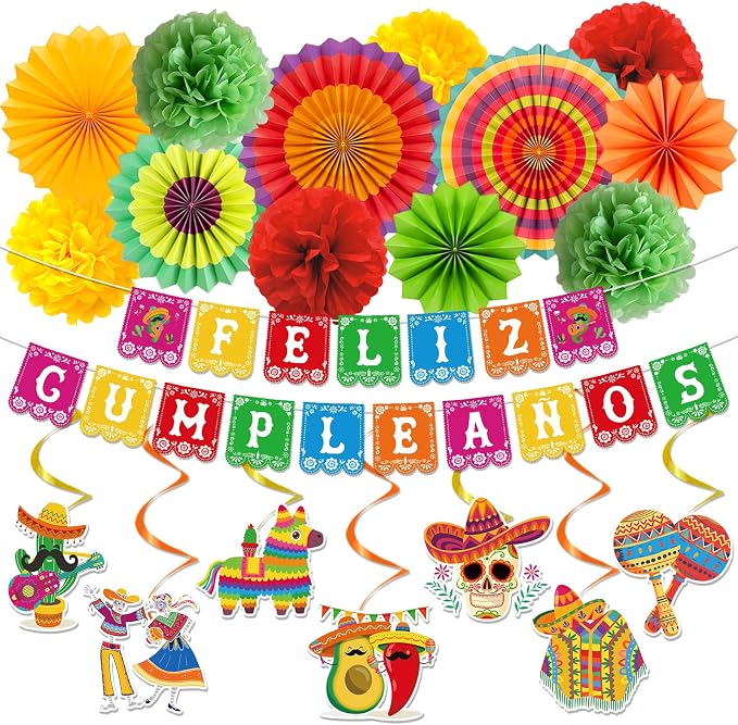 Rakuto Feliz Cumpleaños Party Decoracion Set, 21PCS Mexican Birthday Party Decorations with Banners Hanging Swirls Paper Fans Paper Poms, Fiesta Themed Día De Los Muertos Cinco De Mayo Decor