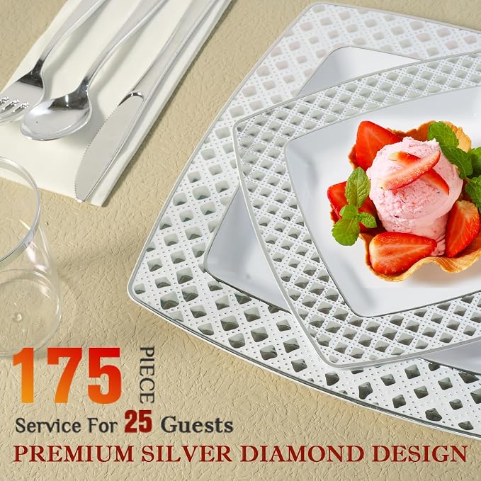 FOCUSLINE 175 Count Silver Dinnerware Set for 25 Guests, Disposable Square Plastic Plates with Diamond Rim, Includes 25 Dinner & Dessert Plates, Napkins, Cups, Cutlery Set for Wedding Parties