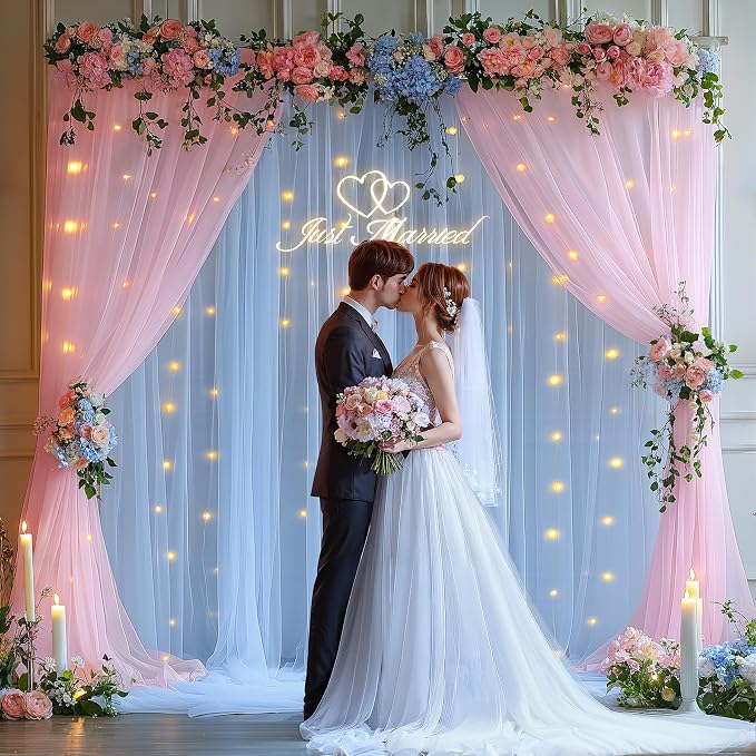 10x10ft Baby Pink Blue Tulle Backdrop Curtain with Lights String for Parites, Sheer Photo Backdrop Drapes with Lights for Wedding Backdrop Ceremony Reception Bridal Shower Baby Shower Birthday Party
