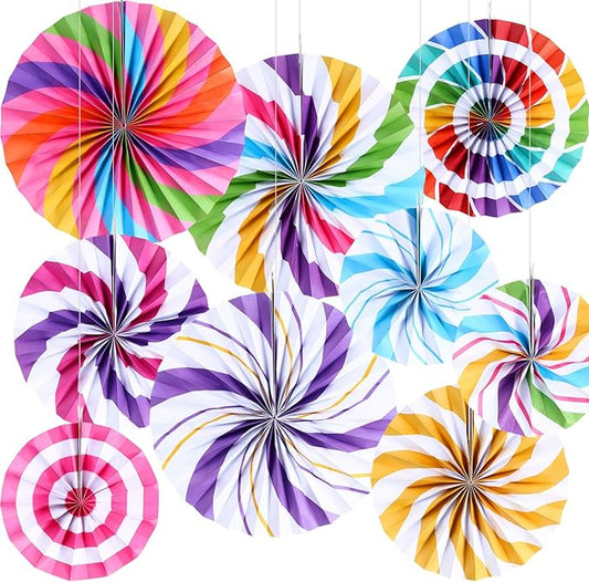 Outus Hanging Paper Fans Decorations Candy Party Classroom Decoration Colorful Peppermint Candy Paper Fan Ceiling Wall Garland for Candyland Themed Birthday Party Supplies(9 Pcs,Design)