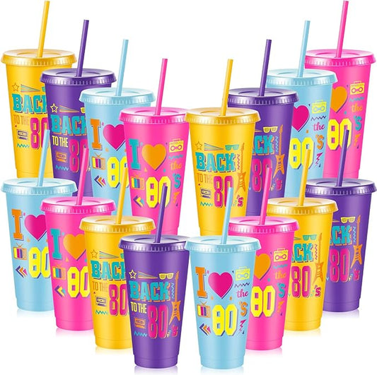 Uiifan 16 Pcs 80s Theme Party Decorations Back to the 80's Party Gift 24oz Plastic Cups with Lid and Straw for Home Retro Hip Hop Theme
