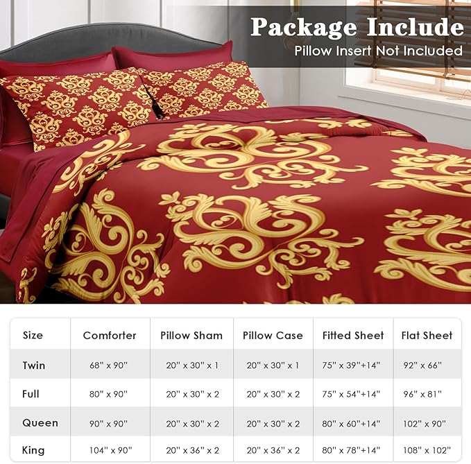 Pamnest Comforter Set Full Size, Vintage Floral Gold 7 Pcs Bedding for Kids and Adults, Medieval Burgundy Red Bed Sheet Sets with Fitted Sheet 2 Pillowcase & 2 Sham for Bedroom Bed Decor