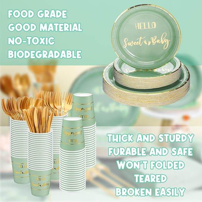 400 Pcs Baby Gender Reveal Plates and Cups and Napkins Sets with Forks Spoon Party Supplies Baby Shower Paper Tableware Gender Reveal Decorations Disposable Cutlery, Serves 50(Green,Hello Sweet)