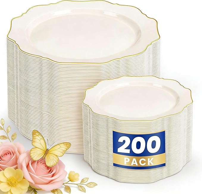 WDF 200PCS Ivory Plastic Plates with Gold Rim - Cream Plastic Plates - Include 100 Dinner & 100 Dessert Fancy Disposable Plate for Party - Heavy Duty Plate for Wedding/Baby Shower/Spring/Mother's Day