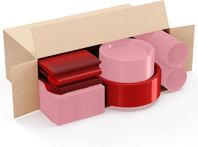 Party Solids 350 Pieces Valentines Plastic Plates For Party, Valentines Disposable Plates Set, 50 Of Each 9" Dinner Plate Set, 7" Dessert Plate, Cups, Napkins & Cutlery Plastic Dinnerware Set