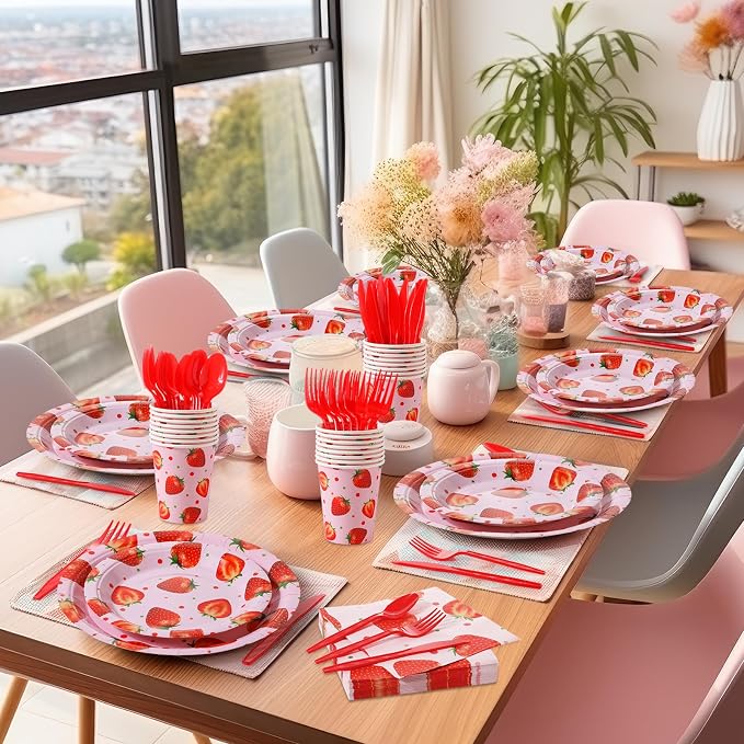 Ziliny 350 Pcs Strawberry Party Supplies Tableware Set Disposable 9'' 7'' Paper Plates 9 oz Cups Cutlery Napkins Dinnerware Set for 1st Berry First Birthday, Serve 50 (Strawberry, Red, Pink)