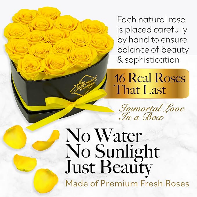 GLAMOUR BOUTIQUE 16 Flower Forever Heart Shape Box, Mothers Day Gift For Mom, Eternal Preserved Roses Gift for Her, Flowers bouquet, For Birthday, Anniversary, Girlfriend - Yellow (Color-Treated)
