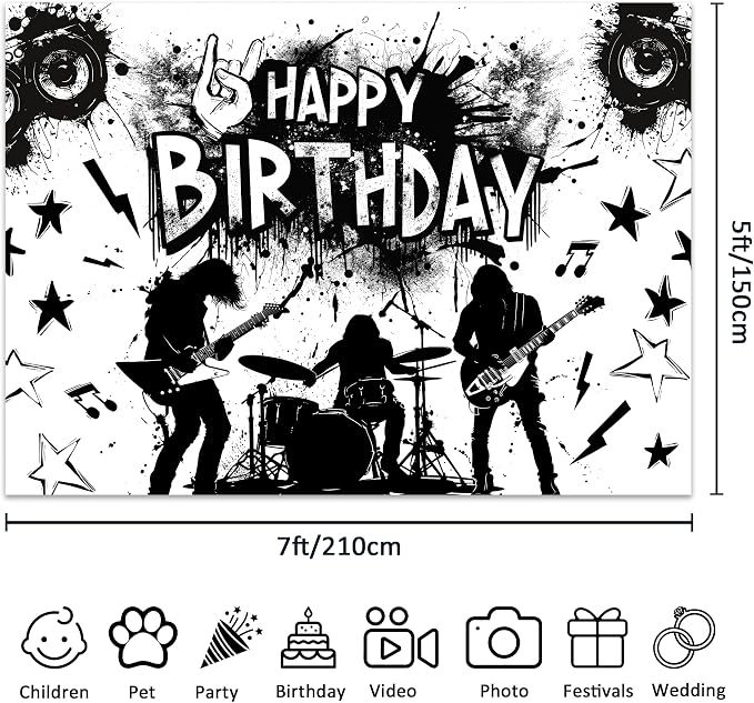 Rock and Roll Backdrop Music Themed Guitar Drum Silhouette Musical Notes Symbols Themed Birthday Party Photography Background Decoration Modern Cool Fabric Photo Shoot Studio Props