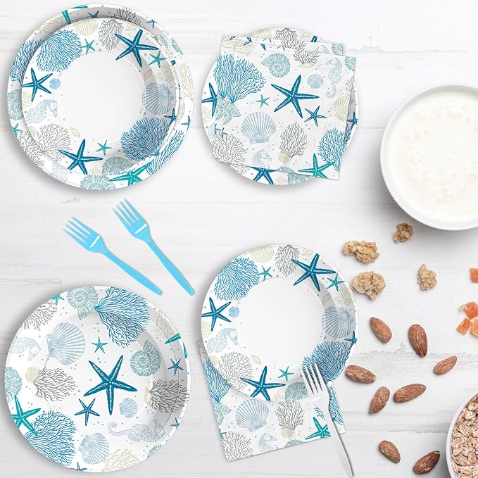 96Pcs Coastal Beach Party Decorations Blue Seashell Starfish Coral Plates and Napkins Sets Nautical Ocean Birthday Party Decorations for Summer Beach Baby Shower Wedding Party Supplies Serves 24