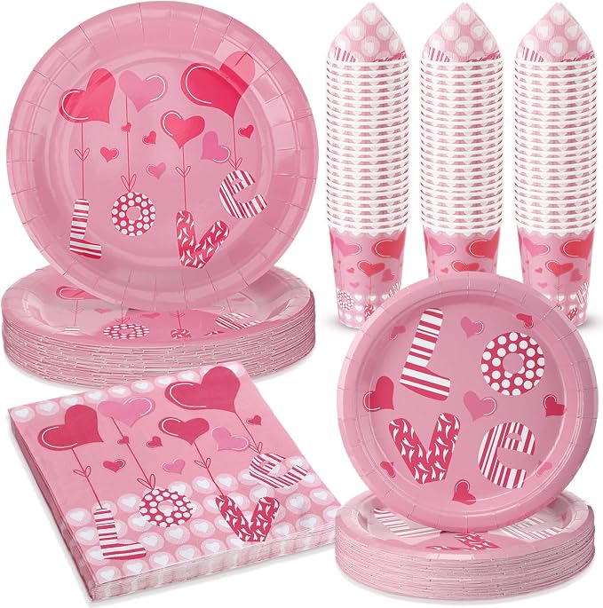 Jenaai 200 Pcs Valentine's Day Tableware Set Serve for 50 Guests Valentine's Day Party Supplies 9" Dinner Plates 7" Dessert Plates Paper Cups and Napkins Set for Dinnerware Tableware Disposable