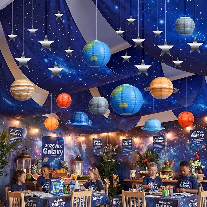 45 Pcs 2026 Space Celing Decoration for Classroom 24" x 13ft Galaxy Hanging Backdrop, Star Hanging Ornament, Solar System Paper Lanterns, Hooks for Kids Birthday VBS School Party Decor