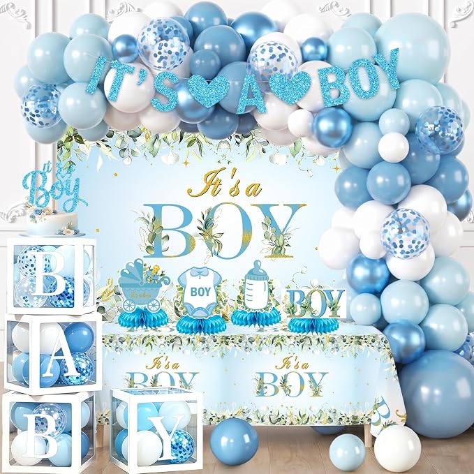 Baby Boy Shower Decorations, 107Pcs All-in-One Blue Themed Set for Baby Party, Pregnancy Gender Announcement, Easy to Assemble, It's a Boy Baby Shower Decorations