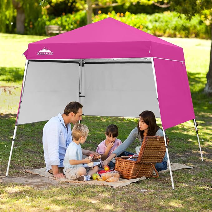 EAGLE PEAK Day Tripper 8x8 Aluminum Super-Lightweight Slant Leg Pop Up Canopy with 3 Removable Walls, Instant Outdoor Backpack Canopy Tent, Outside Beach Folding Sun Shelter, 8x8 Base 6x6 Top, Pink