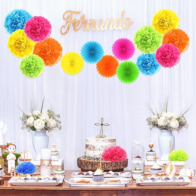 Janinka Color Hanging Decorations- Tissue Paper Pom Poms and Fans Ceiling Decorations Paper Flowers for Birthday, Baby Shower, Bachelorette Bridal Wedding Supplies