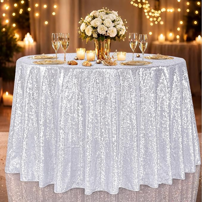B-COOL Silver Sequin Tablecloth Decorations - 120 Inch Sparkly Table Fabric for Holiday Feast Birthday Celebration Anniversary Party