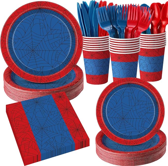 400 Pcs Spider Birthday Party Decoration for 50 Guests, Red Blue Paper Plates Napkins Cups Tablecloth Cutlery Disposable Tableware Set for Spider Web Party Supplies