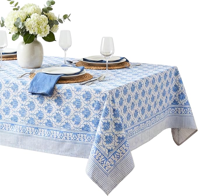 ATOSII Padma Blue 100% Cotton Square Summer Tablecloth, Indian Block Print Floral Table Cloth I Dining Parties Weddings Outdoors Holidays 60 X 60 Inches, 4 Seater I Grandmillennial Farmhouse Boho