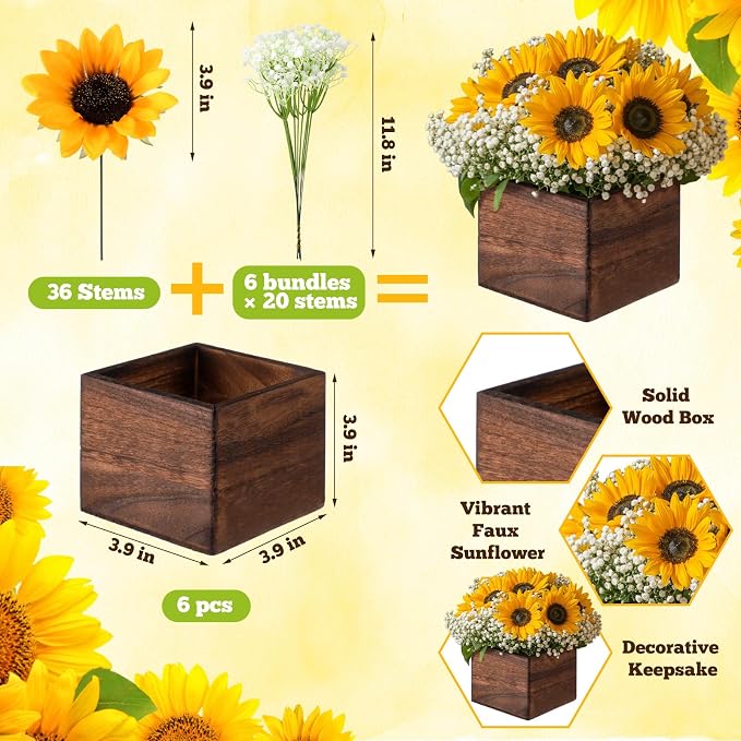 Suncalla 162 Pcs/6 Set Sunflower Centerpieces for Tables with Wood Box Farmhouse Babysbreath Centerpiece Vase Decor for Engagement Party Bridal Shower Centerpieces Wedding Reception Picnic Table Decor