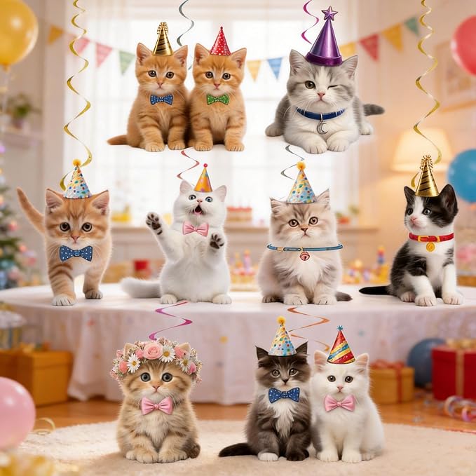 16PCS Pet Cat Hanging Paper Garland Banners,Double-Sided Thickened Cardstock Circle Dot Streamer, Anti-Tangle Pre-Strung Party Decorations for Birthday, Wedding, Baby Shower, Nursery Decor