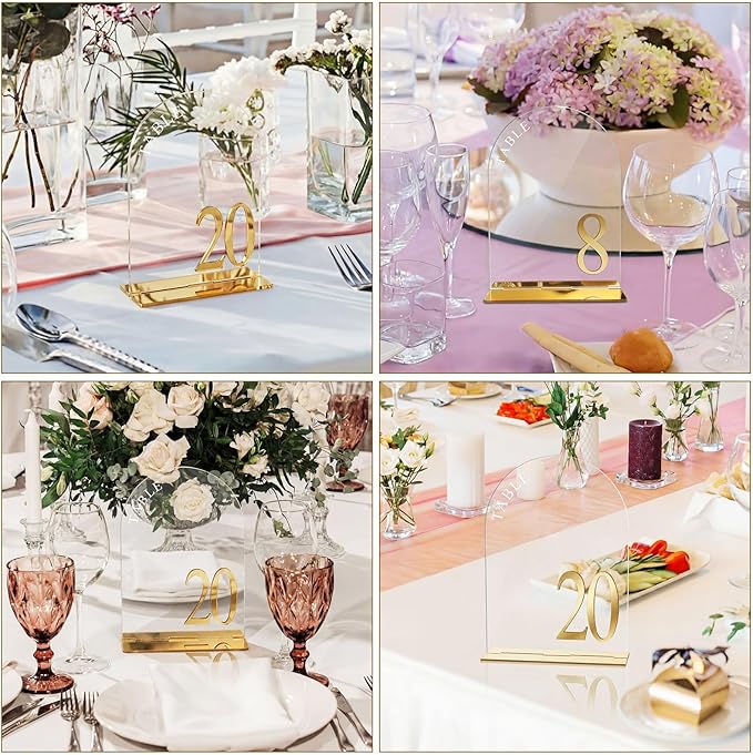 AceOrbit Clear Wedding Table Numbers 1-20 with Stands 5" x 7" Clear Acrylic Wedding Signs with Holder Modern Arch Numbered Signage Tabletop Reception Sign for Anniversary, Banquet, Event Decor
