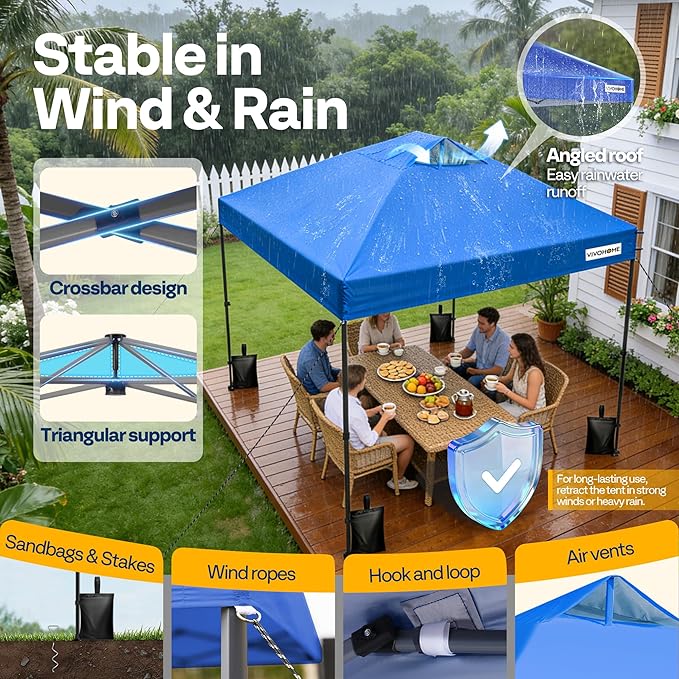 VIVOHOME 8x8ft Pop Up Canopy Tent One Push Setup Outdoor Portable Shelter Tent Heavy Duty with Wheel Carry Bag and 4 Sandbags, Blue