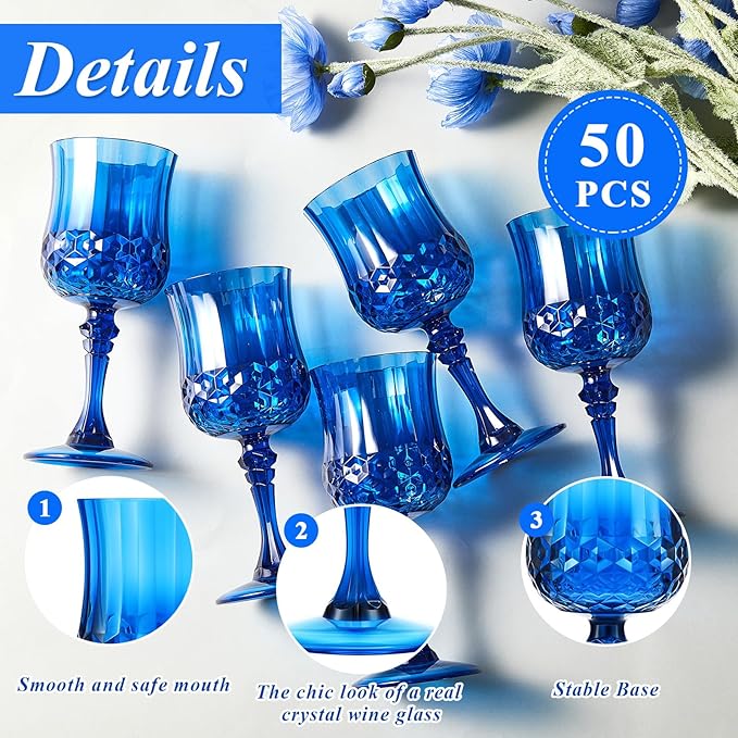 Pinkunn 50 Pcs 7 oz Plastic Vintage Wine Glasses Reusable Colored Goblets Patterned Drinking Water Glasses Cup Dishwasher Safe for Mother's Day Wedding Reception Party Supplies (Dark Blue)
