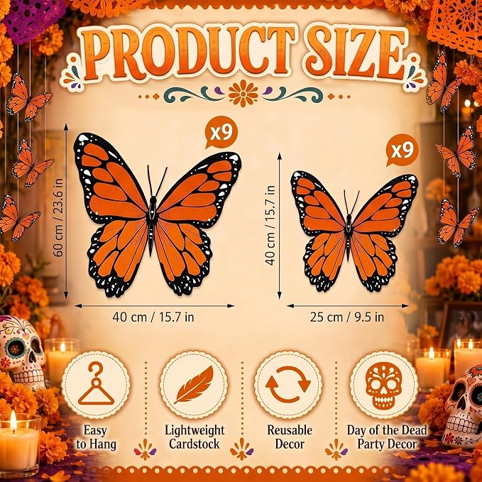 18 Pcs Large Monarch Butterfly Decorations 15.7'' 9.8'' 3D Fall Artificial Monarch Butterflies Wall Decal Decor Dia De Los Muertos Day of The Dead Decoration for Birthday School Classroom