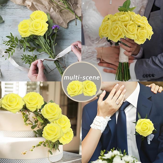 100PCS Yellow Artificial Flowers Roses Real Looking Foam Fake Roses with Leaves and for DIY Wedding Bouquets Bridal Shower Centerpieces Party Decorations (Yellow, 100)