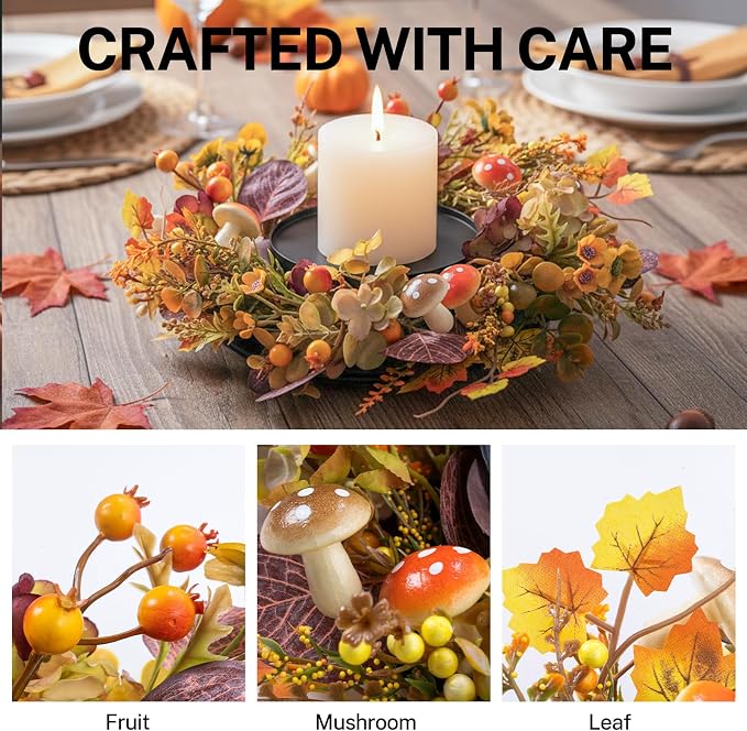 MOYEE Autumn Centerpieces for Tables Candle Ring, Black Metal Candlestick with an Artificial Wreaths 14 in Versatile Dining Table Centerpiece Decor (Mushroom and Daisy Wreath)
