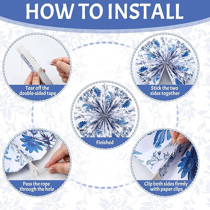 Feifeiya 12 Pcs Chinoiserie Hanging Paper Fans 8'' 12'' 16'' Blue and White Floral Paper Fans Set Round Porcelain Print Hanging Decorations for Birthday Wedding Events Party