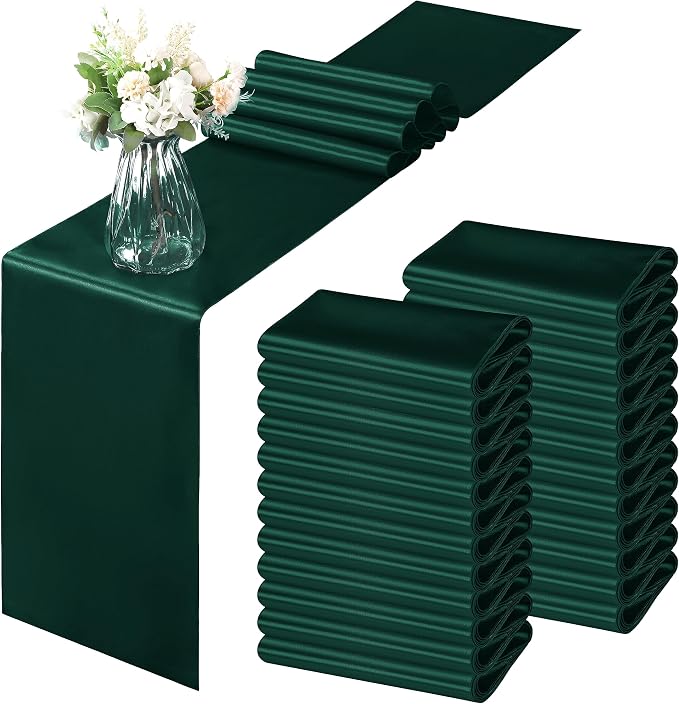 Horbaunal 24 Pack Forest Green Satin Table Runner 12 x 108 Inch, Smooth Table Runners for Wedding Banquets Birthday Party