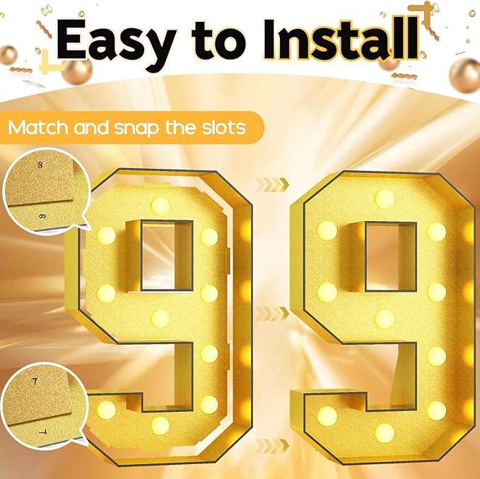 4FT Light Up Numbers 9, Glitter Gold Large Light Up Number 9 Frame Marquee Mosaic Numbers for 9th Birthday, Giant Number 4 Feet Tall DIY Frame Pre-Cut Foam Board Kit for Graduation Anniversary