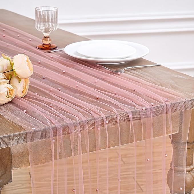 LuoluoHouse Dusty Pink Pearl Table Runner: Tulle 10ft Pearl Tulle Fabric Centerpieces Wedding Lace Tablecover Arch for Bridal Shower Veil Baby Shower Sweetheart Birthday Table Decorations