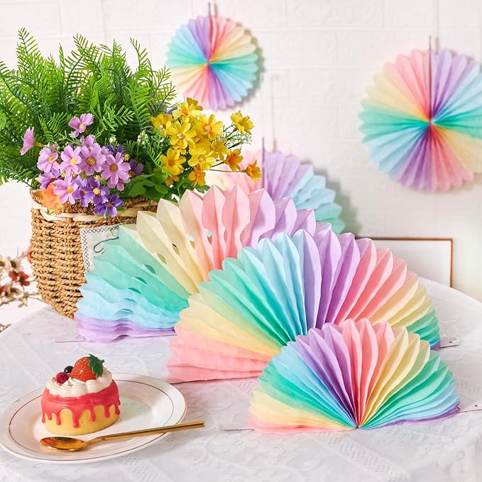 SUNBEAUTY Paper Fan, 11 Pcs Pastel Flowers for Wall, Rainbow Color-Blocking Hanging Decorations, Macarons Paper Fans Backdrop for Tea Party Weddding Spring Birthday Classroom Baby Shower Celebration