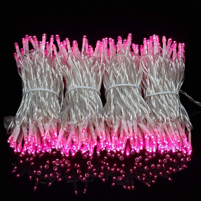 YULETIME 300 Pink String Lights, 100 ft 8 Models Clear Wire Wide Angle LED | 5mm Bulbs, Safe 29V Adapter, Multimode Lighting, Connectable, 100' Total Length, 1-Strand 300 Lights, 4" Spacing