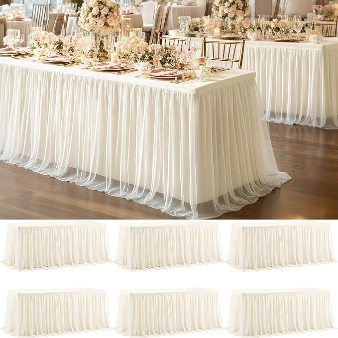 6 Pack Ivory Tablecloths for 6 Foot Rectangle Tables with Tulle Table Skirt Wedding Table Cover Stretchy Fitted Ruffle Tutu Tablecloth for Baby Shower Reception Birthday Parties Celebration Banquet