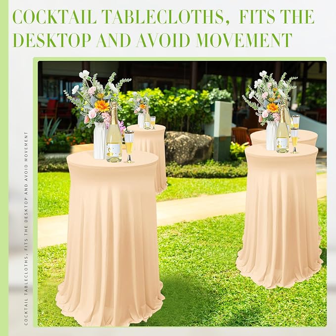Tegeme 4 Packs Round Spandex Cocktail Tablecloths with Skirt 32 x 43 Inch Cocktail Round Table Cover Spandex Stretch Square Tablecloth Skirt for Table Bar Wedding Party Banquet (Champagne)