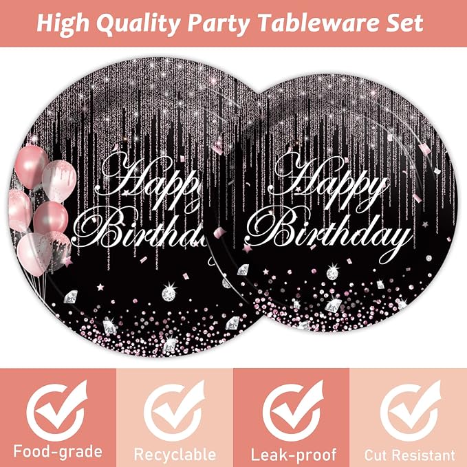 Chiazllta 96 Pcs Black & Rose Gold Party Paper Plate and Napkins - Pink Rose Gold Birthday Party Table Decoration Supplies - Pink Glitter Paper Plate Napkin Fork for 24 Guests