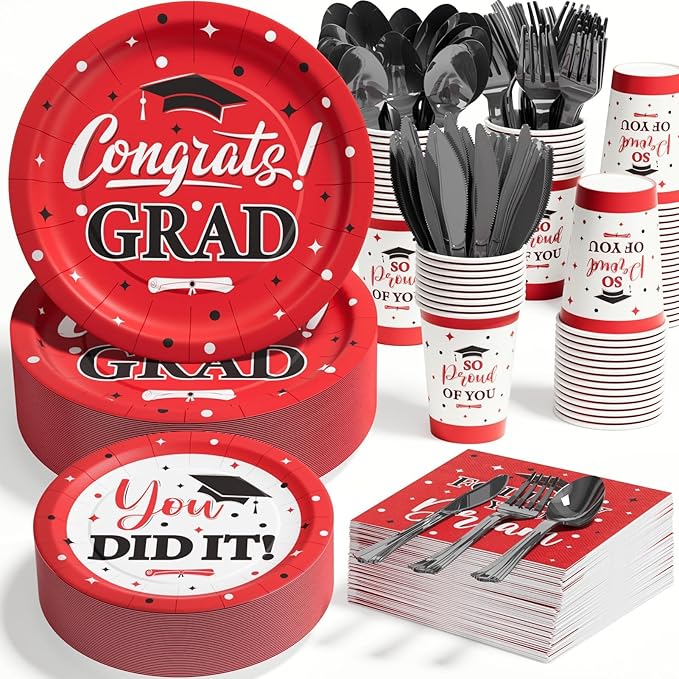 Ecomore Graduation Decoration Class of 2026, 350PCS Graduation Party Supplies Disposable Dinnerware(Serve 50) with Paper Plates Cup Napkin Fork Knife Spoon College High School Grad Decor (Red & Black)