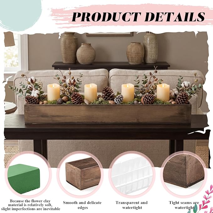 Dandat 1 Set Wood Boxes for Centerpieces 34x5 Inch Rectangle Wooden Planter Box Rustic Wooden Planters with Removable Plastic Liner Floral Foam Blocks for Christmas Wedding Home Garden Decor(Brown)
